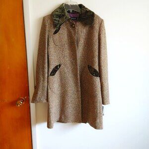 Guess Brown tweed coat with green crushed velvet accents size M